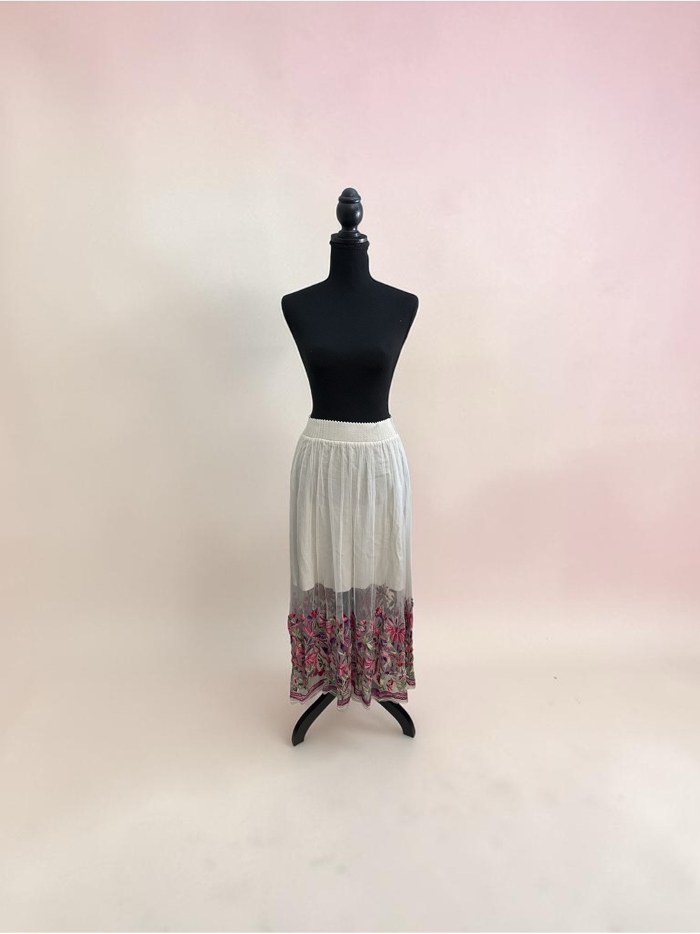 Aratta Silent Journey White Maxi Skirt with Pink Floral Border
